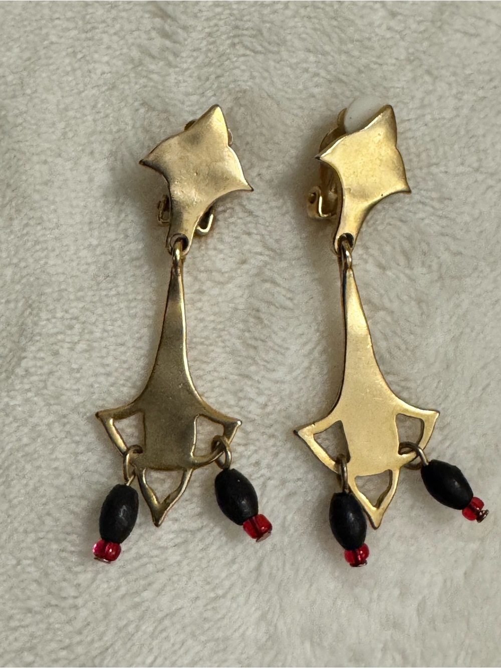 Gold Tone Drop Clip On Earrings with Black and Red Beads - Women Jewelry